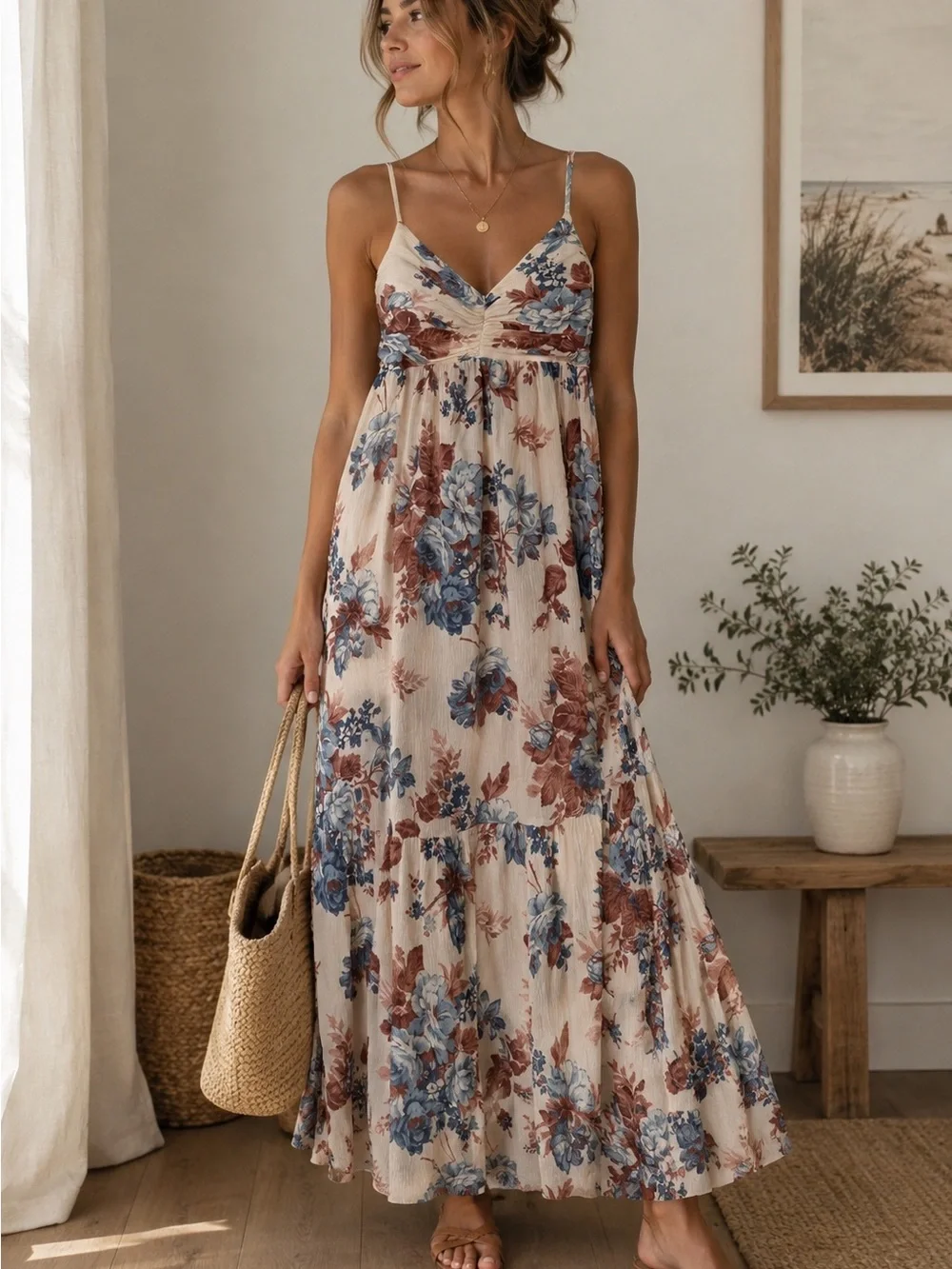 Abercrombie & Fitch Cream Smocked Maxi Dress with Blue & Rust Floral Print